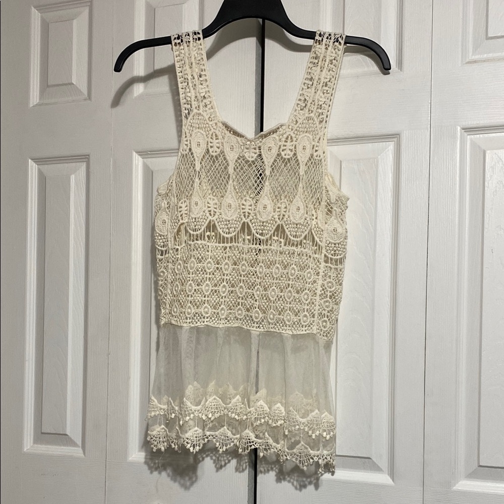 PRETTY Main Strip off white lace beach cover up tunic top shirt size LARGE